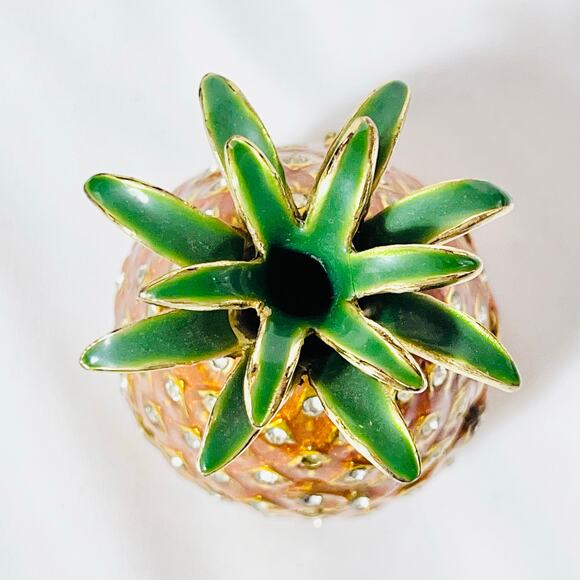 Pineapple Shaped Ceramic Hinged Trinket Box Porcelain Crystals Gold Yellow Green - Picture 3 of 6